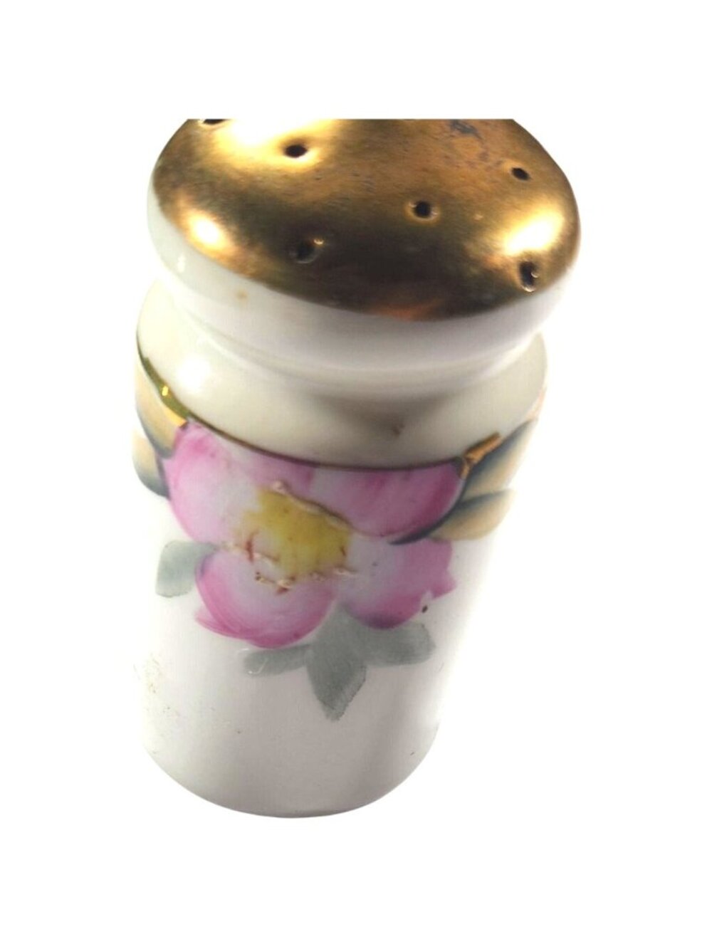 Porcelain Salt Shaker vtg Gold tone Top Floral Made In Japan cottagecore